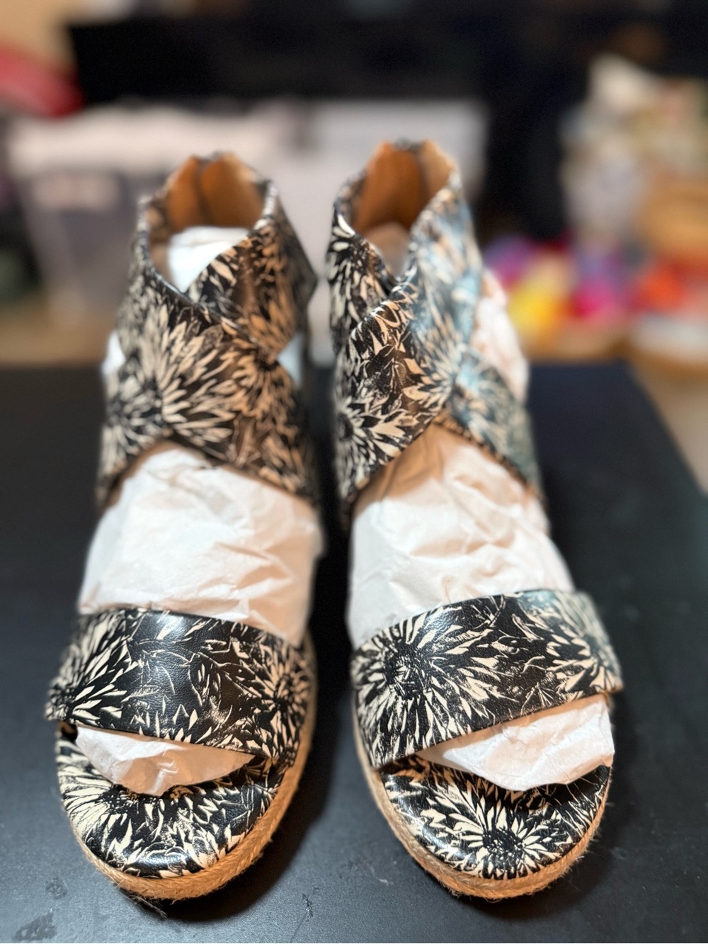 Patricia Nash Black & White Floral Espadrille Wedge Sandals